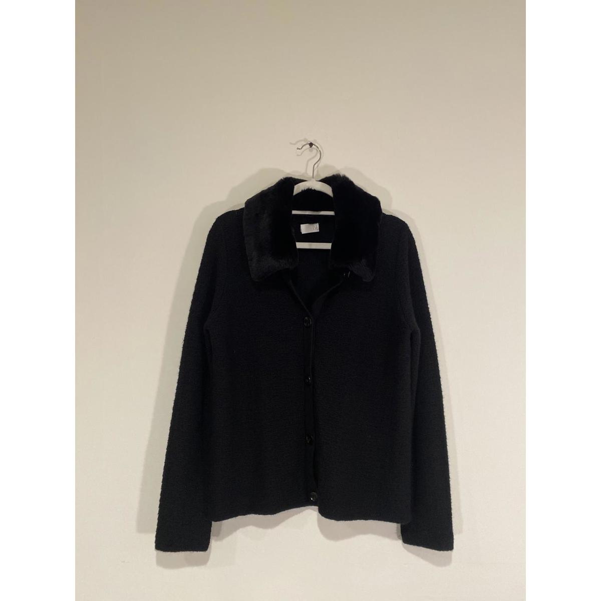 Tse Black Button-Up Cardigan With Rabbit Fur Collar 100% Cashmere